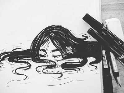 Submersion drawing girl ink long hair marker sketching