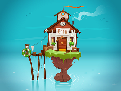 Lost At Sea island ocean sea shack store vector water