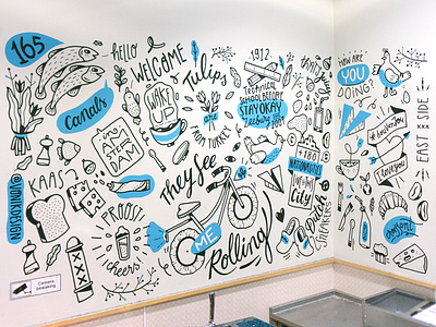 Mural at Stayokay Hostel Amsterdam amsterdam bike fish food handlettering illustration linedrawing marker mural typography walldrawing wallpainting