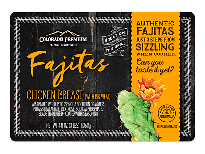 Fajitas black cactus food grill label mexican orange package design packaging typography wood