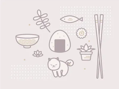 Japanese things bowl cat chopsticks fish fish cake japan onigiri plants