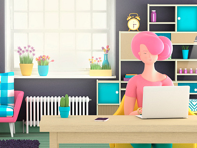 Work in progress 3d character computer cute girl house illustration pink room table