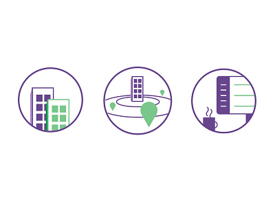 Icons building circles coffee desktop icons location map onboarding radius