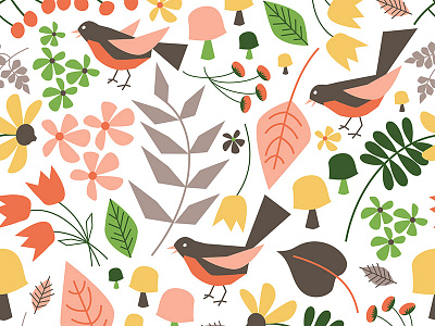 Spring Floral Woodsy birds floral flowers leaves mushrooms pattern spring vector