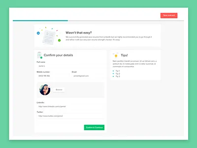 Create Profile Funnel create profile form funnel grid progress bar sidebar tips ui ux