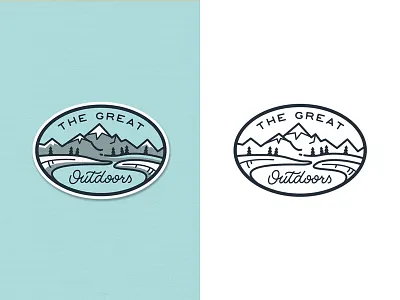 The Great Outdoors Patch 2 adventure badge flat illustration lettering line art mountains outdoors outline pines river travel