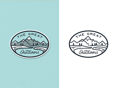 The Great Outdoors Patch 2 adventure badge flat illustration lettering line art mountains outdoors outline pines river travel