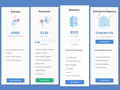 Pricing Page - pushcrew blue bsiness horn illustration loudspeaker music premium pricing speaker startup system