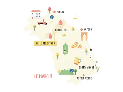 Map of Le Marche / Valle del Cesano house italia italy lighthouse map marche mountains olio pizza town vino wine