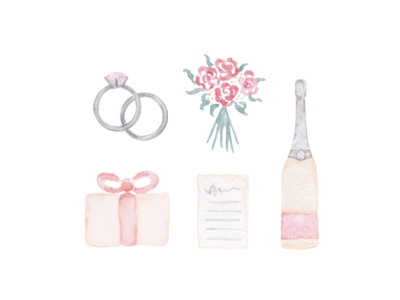 Watercolor Wedding Icons blush bouquet champagne details floral grey hand painted icons present rings watercolor wedding