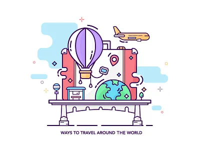 Travelling air balloon airplane bridge bus stop clouds creative earth line art stamps travelling bag trees