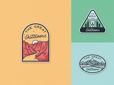 The Great Outdoors Patches Set adventure badge camp camping forest illustration lettering line art outdoors outline pines travel