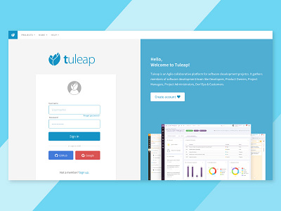 UI - New Tuleap Homepage 💎 blue homepage marine pieux sign in sign up sketch ui user interface user onboarding ux web design welcome