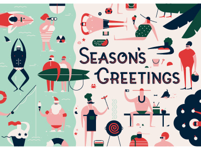 Season's Greetings apple beach character fish ice cream sand santa shark surf swim tree