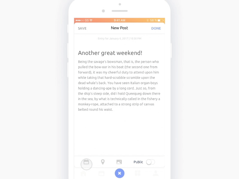 New Post Interactions ios journal landing memories notes ui ux