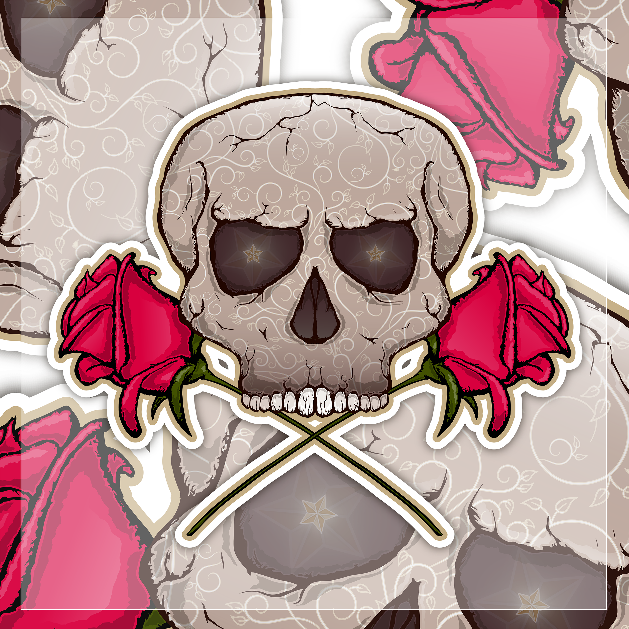 Skull Roses Bg crack flowers illustration pattern red rose roses skull star stars vector