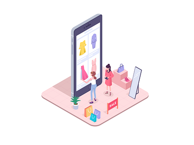 sale app isometric，girl，shopping