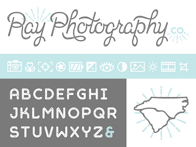 Ray Photography Co. Final brand identity cursive script geometric alphabet hand lettering icons iconography letterpress texture monoweight monoline nc sc carolina photography photographer ray burst wordmark logo