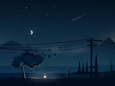 The graphic valley night illustration bird camp fire fire illustration moon mountains nature night
