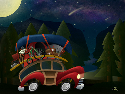 Midnight Road Trip camping debut flat iconic mural outdoor paint scene vector