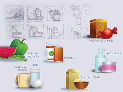 Illustrations beveages e commerce grocery shopping sketches vegetables