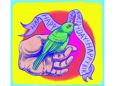 Birthday Card birds birthday colorful digital painting drawing hand lettering illustration ink nature painting surreal