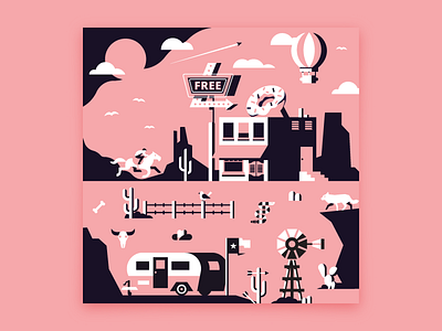 Desert Donut cactus camper desert donut hot air balloon illustration neon sign texas forever windmill