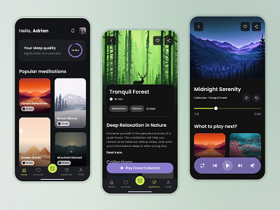 Sleep & Meditation App – UI Concept calmdesign darktheme meditation minimal mobiledesign sleepapp ui userexperience ux