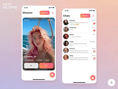NotAlone | Dating App adaptive ai ai ai solutions aigenerated aimodels app design badoo conversational ai emotional ai gen ai light theme machine learning mobile next gen ai onlyfans product design social ai ui ux virtual relationships virtual romance