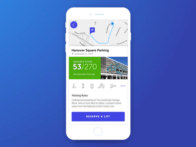 Parking search car spot card information cards comparing driving reserve parking lot price pin route location service icons stats preview