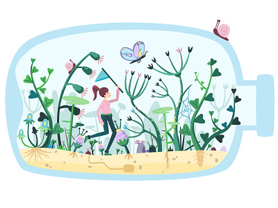 Bottle 2d illustration bottle forest girl plant tree
