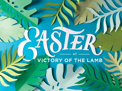 Easter at Victory of the Lamb Postcard Design church church design cut paper easter hand lettering holy week lettering palm sunday palms postcard postcard design tropical leaves