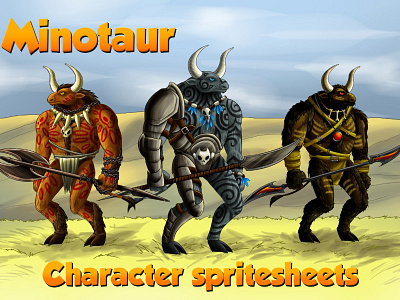 2D Game Minotaur Character Sprites character defence fantasy gamedev gaming platformer rpg tower troll