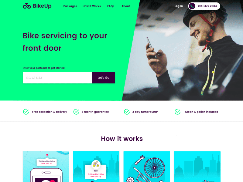 Bike Up - Full homepage design bike cycle design digital digitalimpact glasgow scotland simple ui ux web webdesign