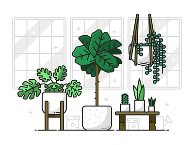 Plant Life bench cactus fig houseplants icon illustration line outline plant stroke tree vector