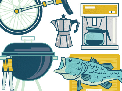 Removing Clutter art clutter coffee design fish grill icons illustration unicycle vintage