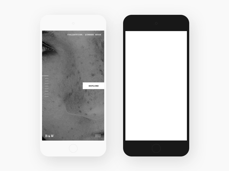 B&W concept. Mobile animation black blvk collection gallery photo portfolio ui ux white