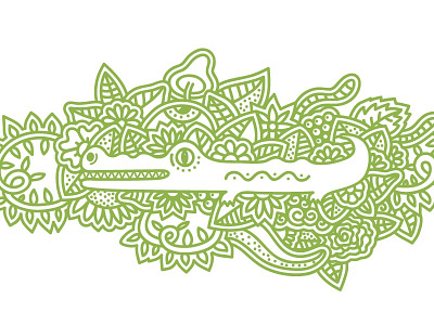 Jungle illustration crocodile flowers green jungle leafs linework mushroom shrooms
