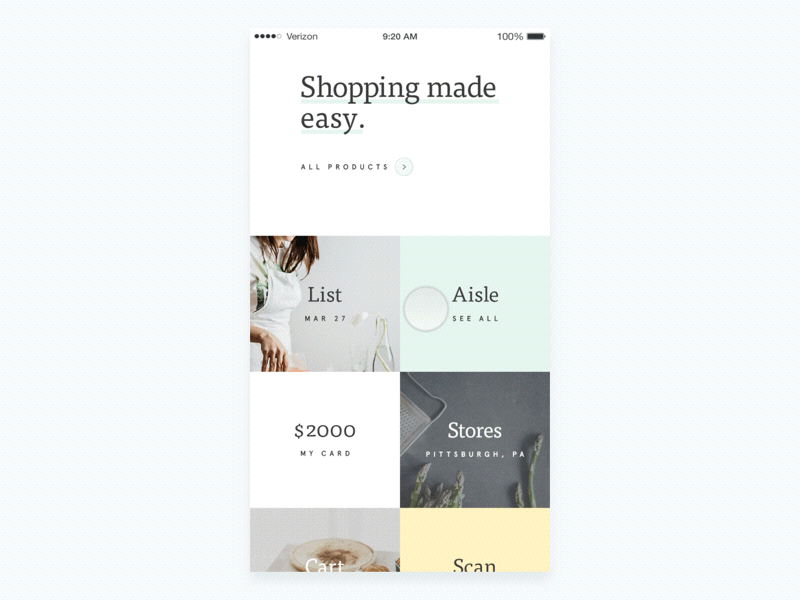 Grocery - iOS animation app designer gif grid grocery ios minimal principle prototype ui ux