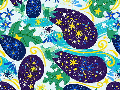 Magical Eggplants acrylic flowers garden hand drawn leaves marushabelle pencil space vector