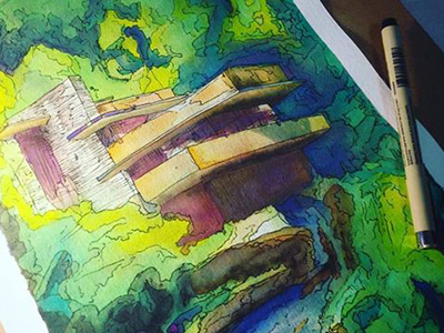 Fallingwater architecture marker pastel watercolors