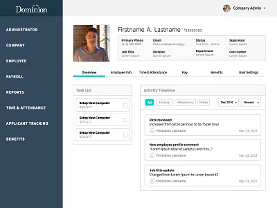Employee Profile dominion employee hr overview payroll profile sidebar teal user interface user profile