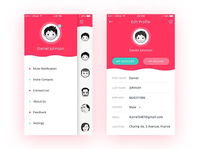 Menu & Edit Profile Screen | Chat App chat chat app ios ui iphone app menu mobile chat profile sketch ui