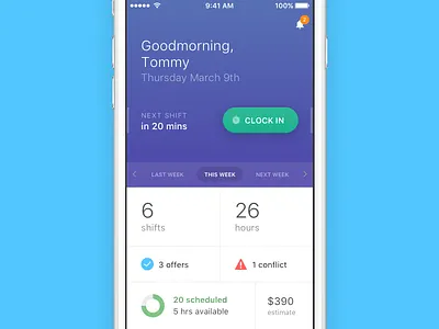 Employee Shift Manager agenda app design calendar clock dashboard hourly ios shift timer ui
