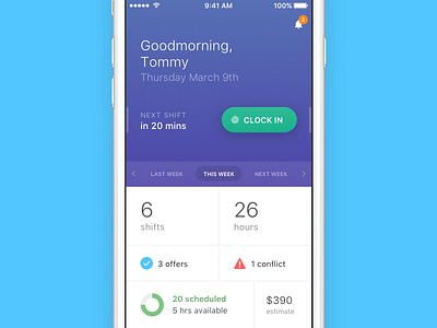 Employee Shift Manager agenda app design calendar clock dashboard hourly ios shift timer ui