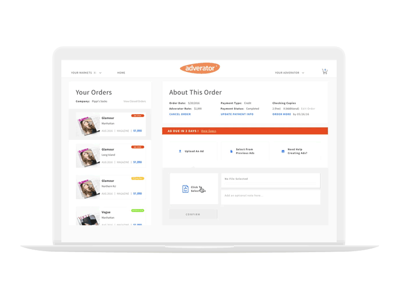 Upload an Ad ad dashboard ecommerce flat manage order orders simple upload web