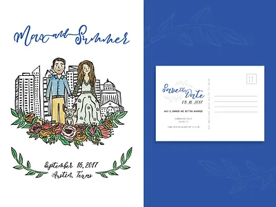 Save the Date - Postcard dog flowers illustration save the date skyline wedding