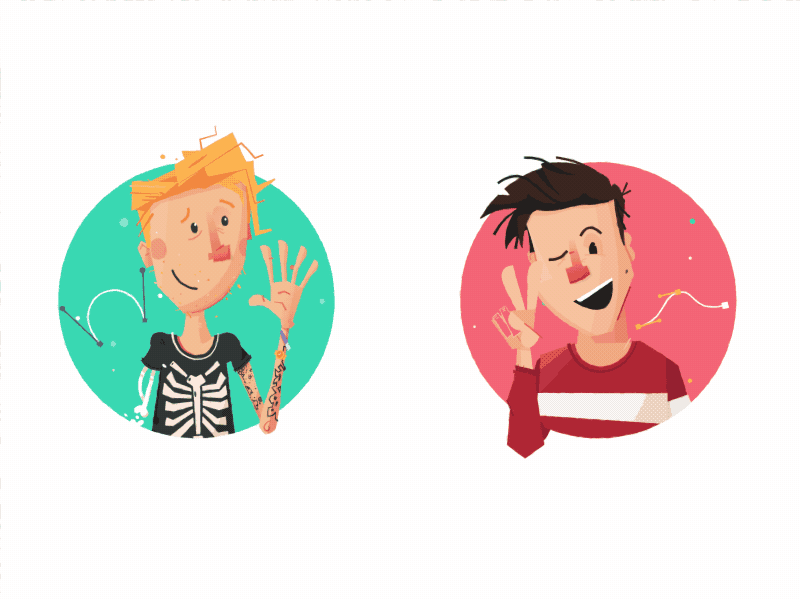 Just two guys animation character having a good time peace wave waving wink