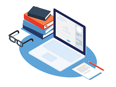 Isometric study station apple books desktop eyeglasses isometric keyboard macbook note pencil screen scup vector