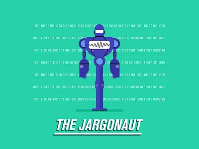 The Jargonaut ai character flat illustration machine motion numbers robot superhero villain words